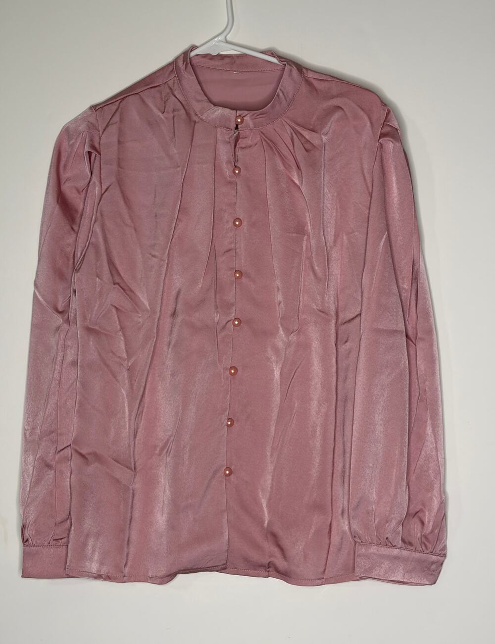 Lyaner Rose Pink Satin Mock Neck Button Down Shirt L